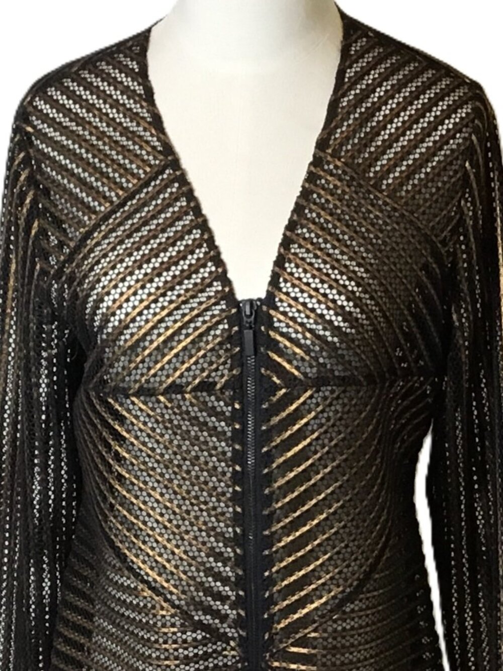 Chico’s Travelers Black and Gold Stripe Mesh‎ Zipper Jacket Size 0